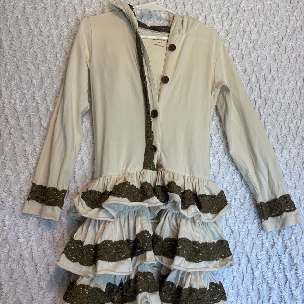 Mustard Pie Cream and Taupe Kids Tunic Jacket Hoodie with Ruffles Size 4